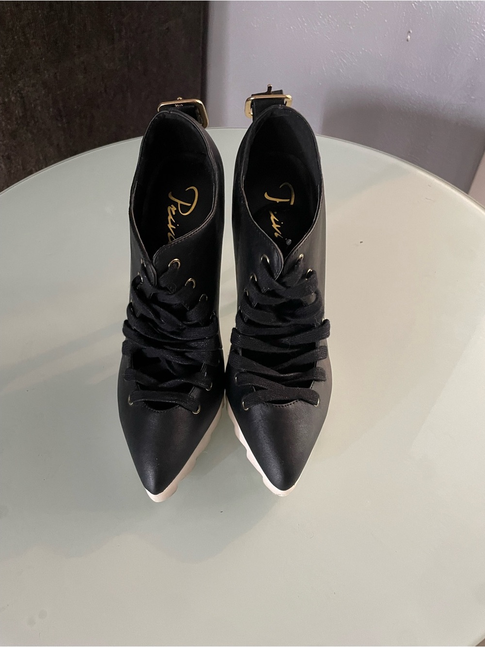 Privileged Black Pointed Lace-Up Ankle Boots with Gold Buckle 5 inch heel